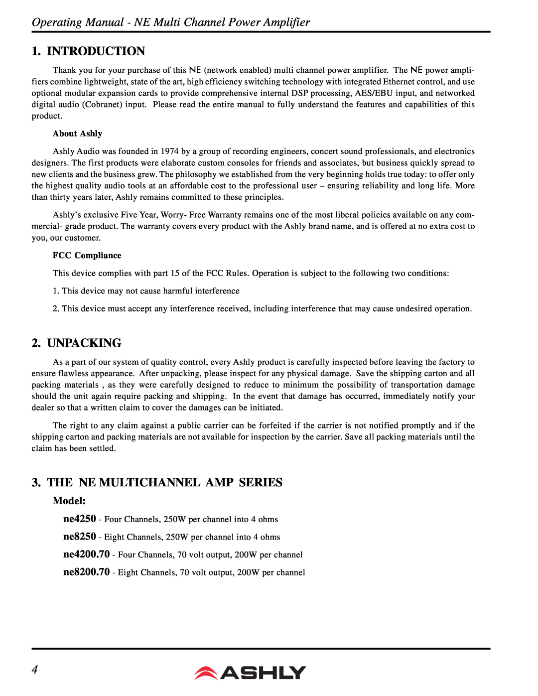 Ashly NE 4200.25 manual Introduction, Unpacking, The Ne Multichannel Amp Series, Model, About Ashly, FCC Compliance 