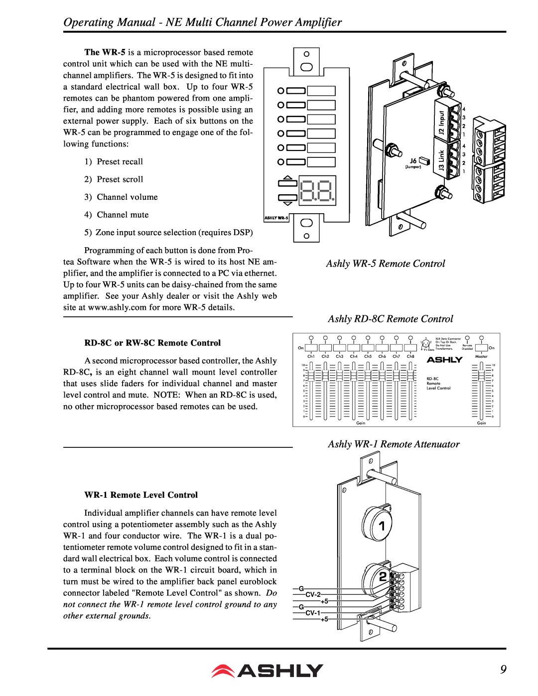 Ashly NE 4200.25 manual Ashly WR-5Remote Control, Ashly RD-8CRemote Control, Ashly WR-1Remote Attenuator 