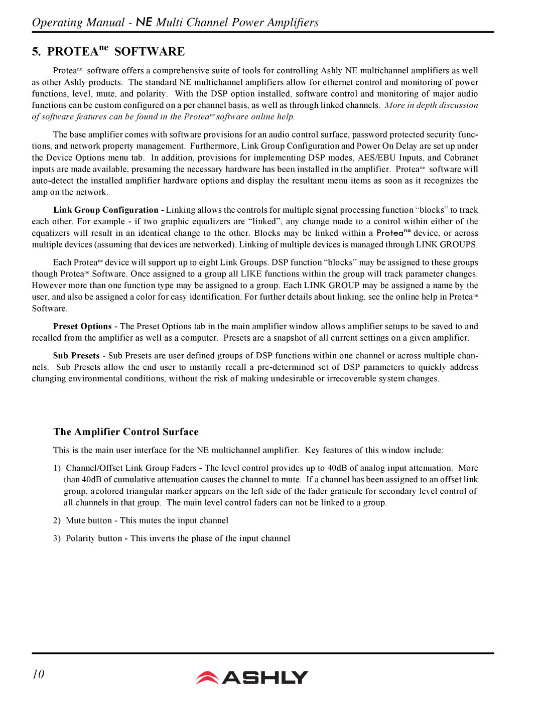 Ashly ne 4250.10p, ne 8250.25, ne 8250.10, ne 8250.70 manual PROTEAne Software, Amplifier Control Surface 