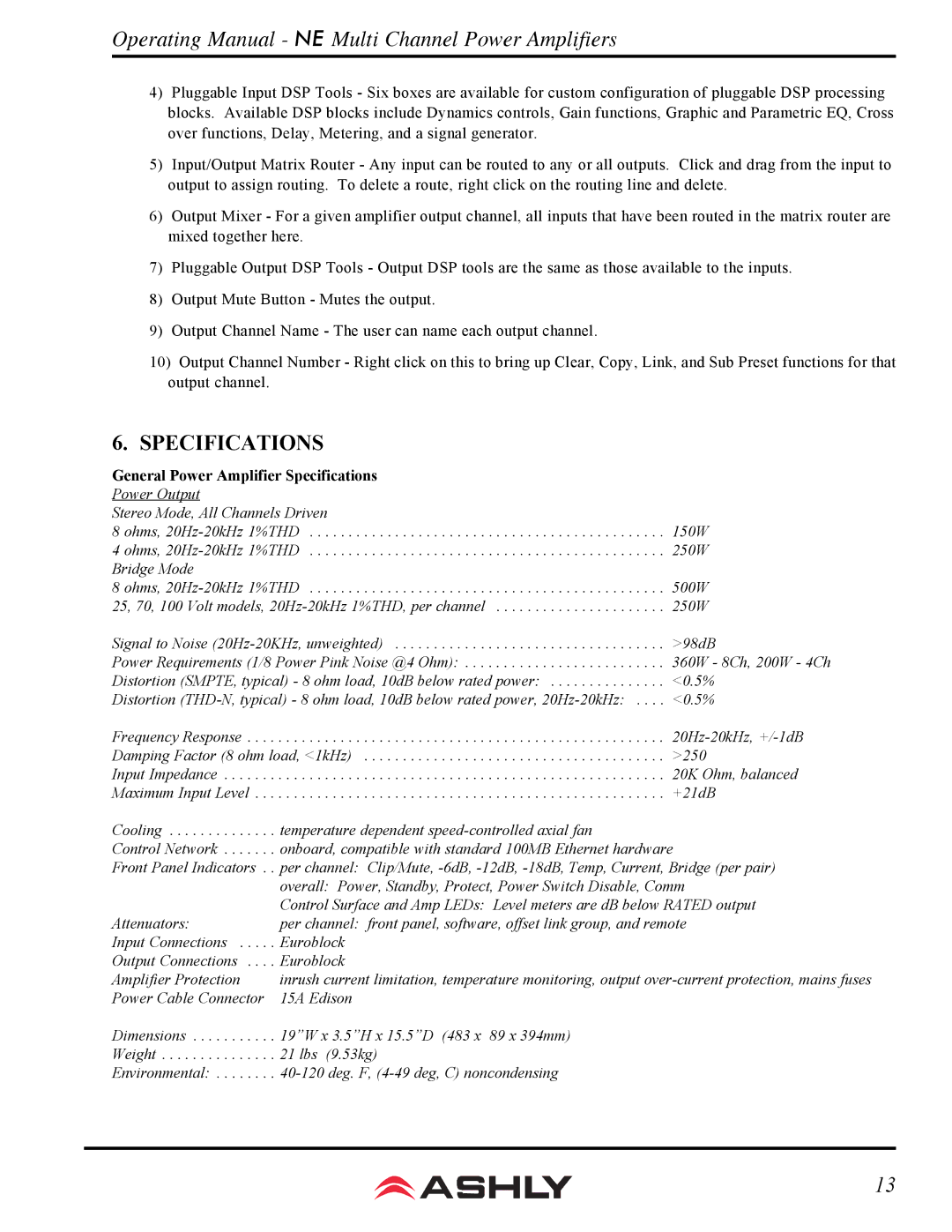 Ashly ne 8250.10, ne 4250.10p, ne 8250.25, ne 8250.70 manual General Power Amplifier Specifications 