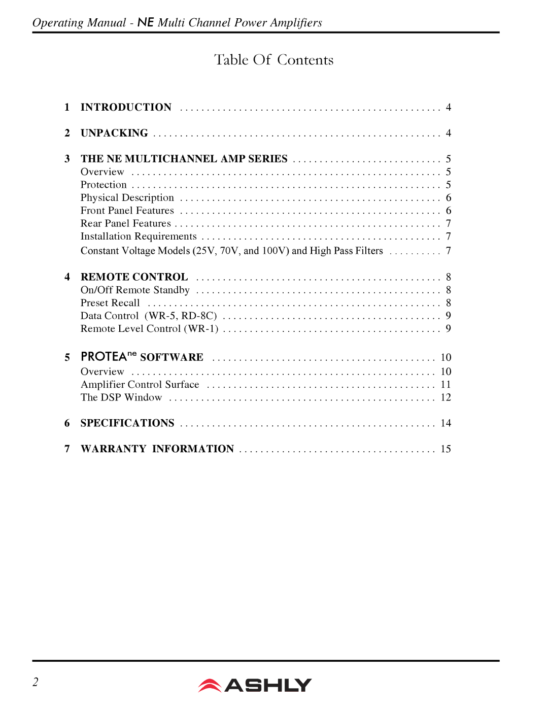 Ashly ne 8250.25, ne 4250.10p, ne 8250.10, ne 8250.70 manual Table Of Contents 