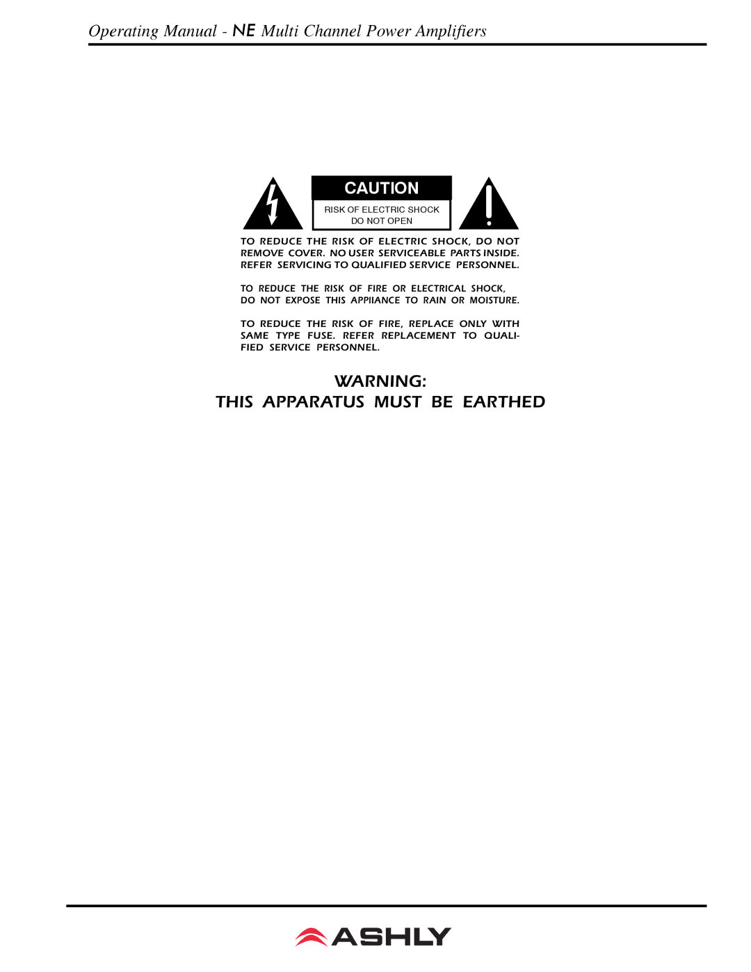 Ashly ne 8250.10, ne 4250.10p, ne 8250.25, ne 8250.70 manual This Apparatus Must be Earthed 