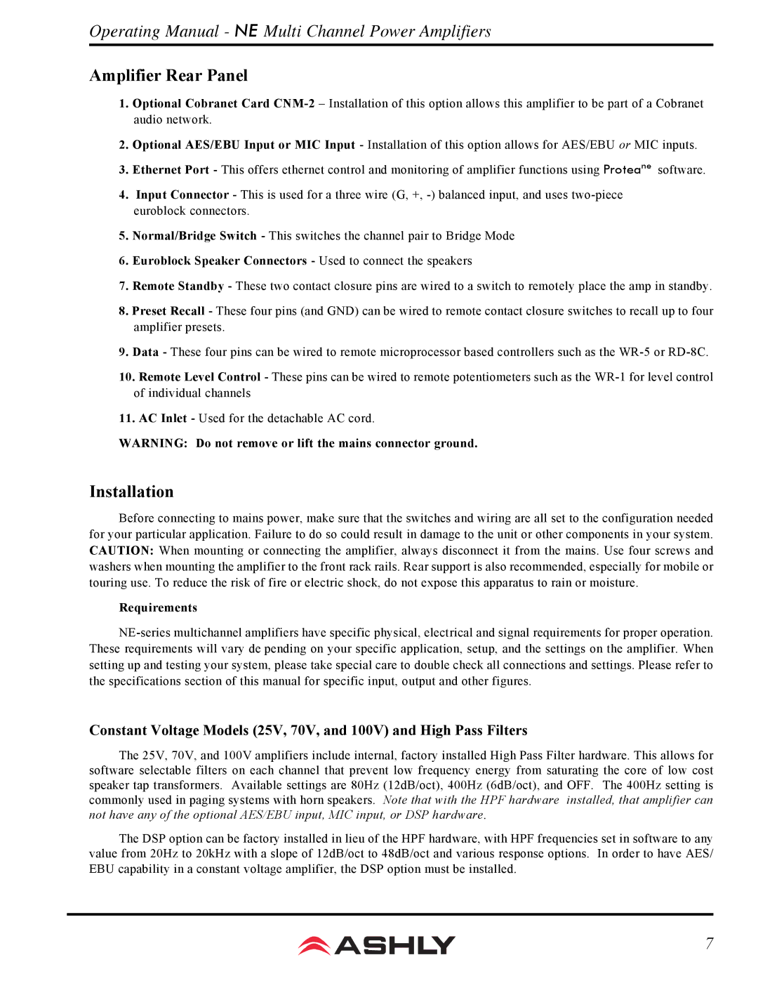 Ashly ne 8250.25, ne 4250.10p, ne 8250.10, ne 8250.70 manual Installation, Requirements 