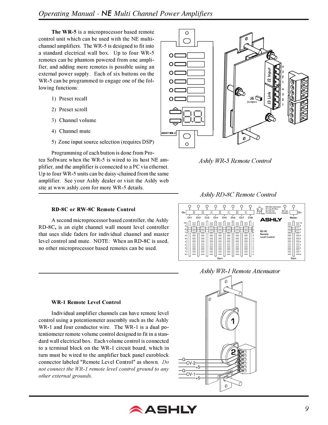 Ashly ne 8250.70, ne 4250.10p, ne 8250.25, ne 8250.10 manual RD-8C or RW-8C Remote Control, WR-1 Remote Level Control 