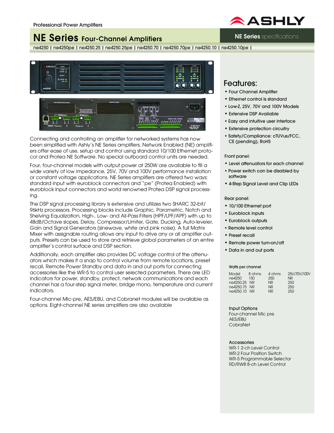 Ashly ne4250.25pe, ne4250pe specifications Features, NE Series Four-Channel Amplifiers, NE Series specifications, Aes/Ebu 