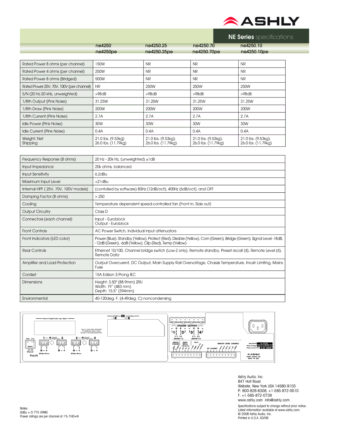 Ashly ne4250pe, ne4250.25pe, ne4250.10pe, ne4250.70pe Series specifications 