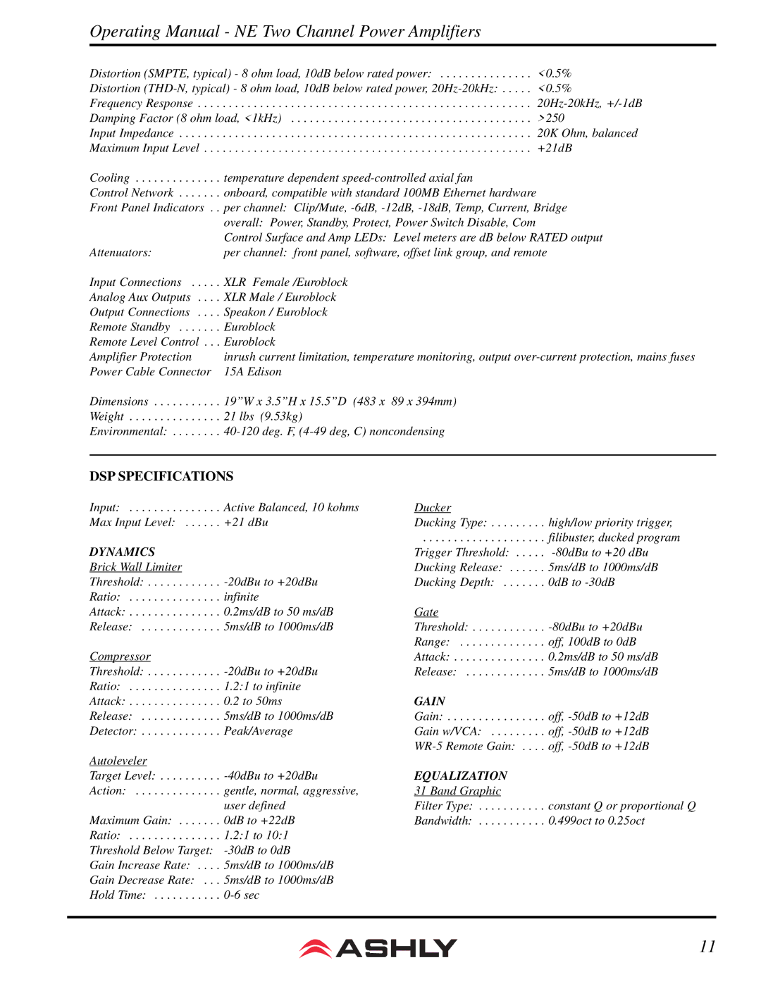 Ashly NE800 manual DSP Specifications 