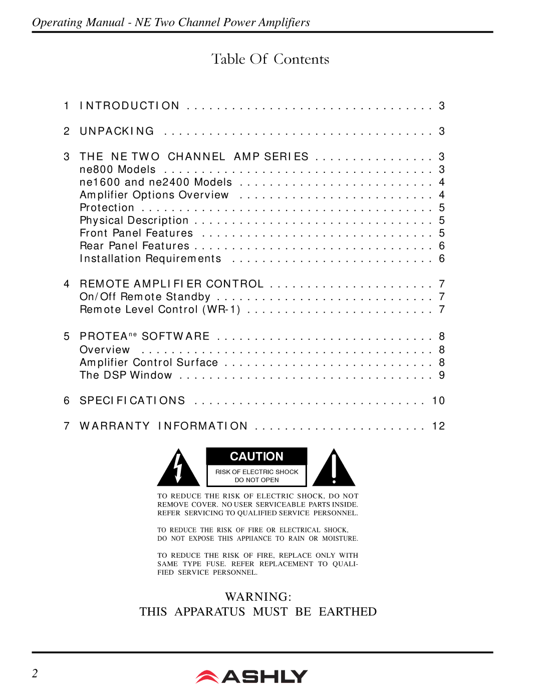 Ashly NE800 manual Table Of Contents 