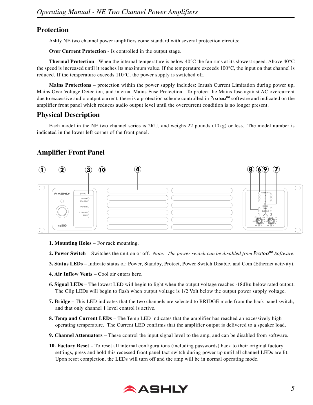 Ashly NE800 manual Protection, Physical Description, Amplifier Front Panel 