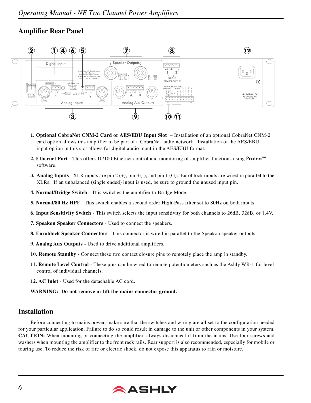 Ashly NE800 manual Amplifier Rear Panel, Installation 