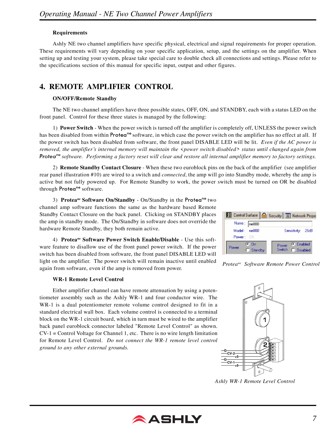 Ashly NE800 manual Remote Amplifier Control, Requirements 