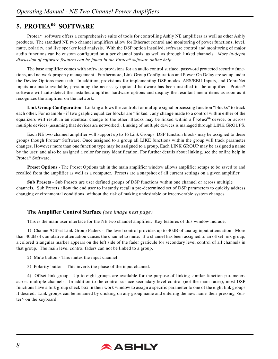 Ashly NE800 manual PROTEAne Software, Amplifier Control Surface see image next 