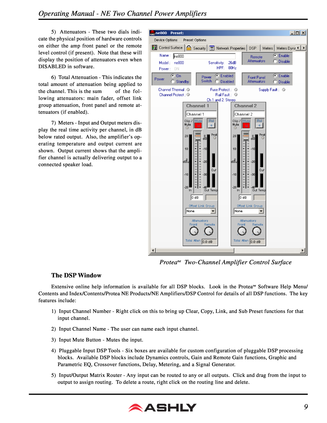 Ashly NE800 manual Proteane Two-ChannelAmplifier Control Surface, The DSP Window 