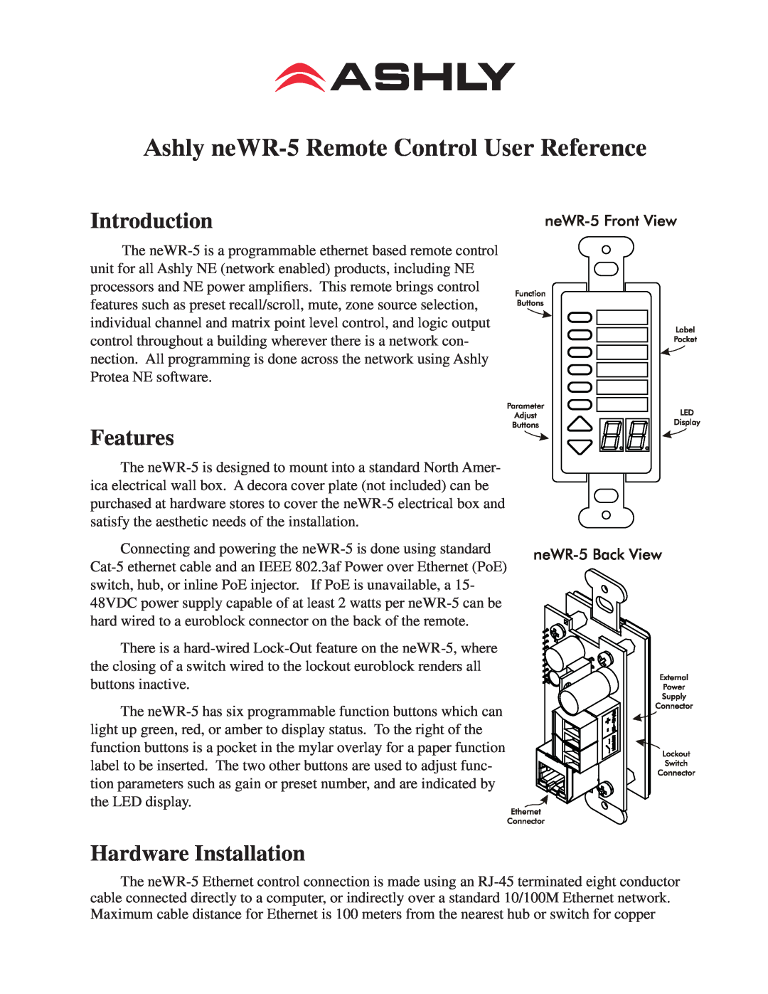 Ashly NEWR-5 manual Introduction, Features, Hardware Installation, Ashly neWR-5 Remote Control User Reference 
