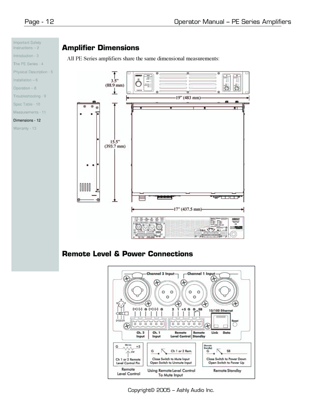 Ashly PE-Series manual Amplifier Dimensions, Remote Level & Power Connections 