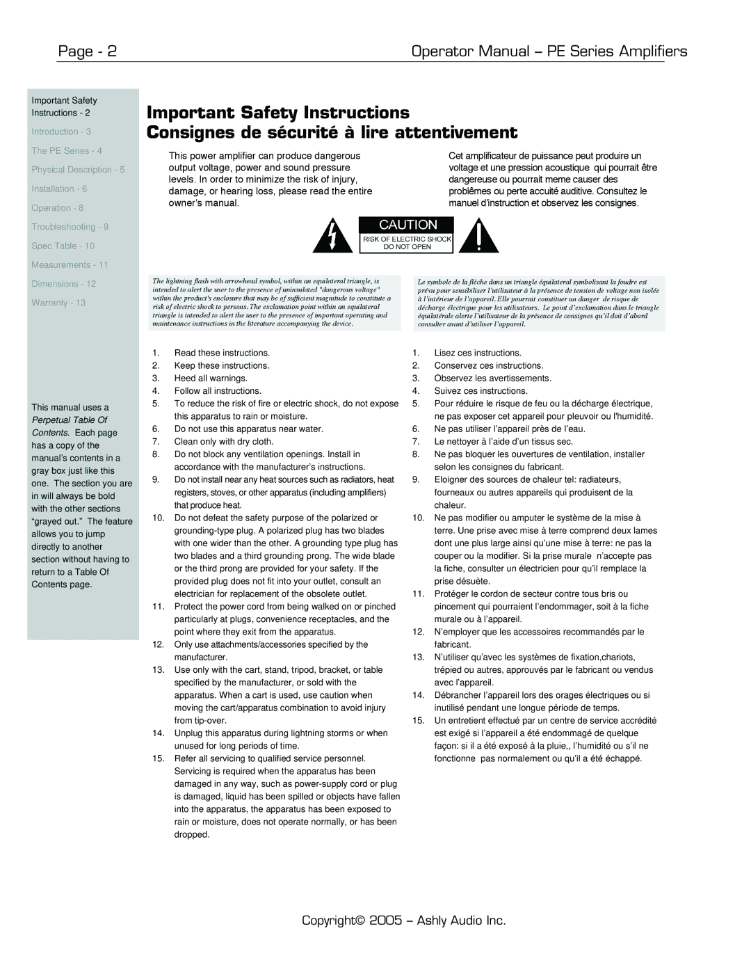 Ashly PE-Series manual Operator Manual PE Series Amplifiers, Manuel d’instruction et observez les consignes 