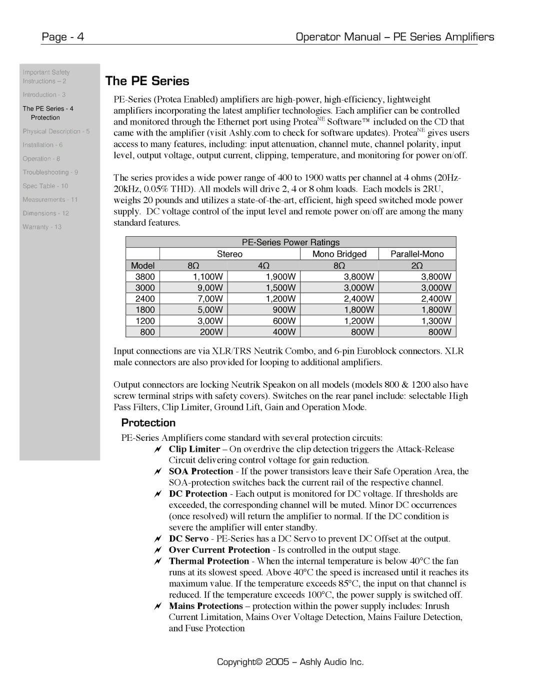 Ashly PE-Series manual PE Series, Protection 