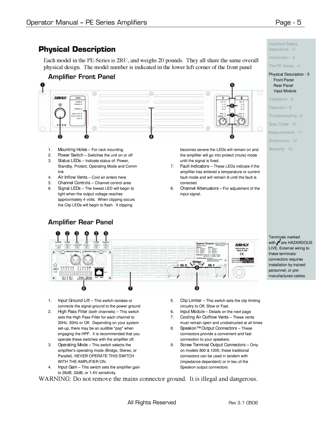 Ashly PE-Series manual Physical Description, Amplifier Front Panel, Amplifier Rear Panel 