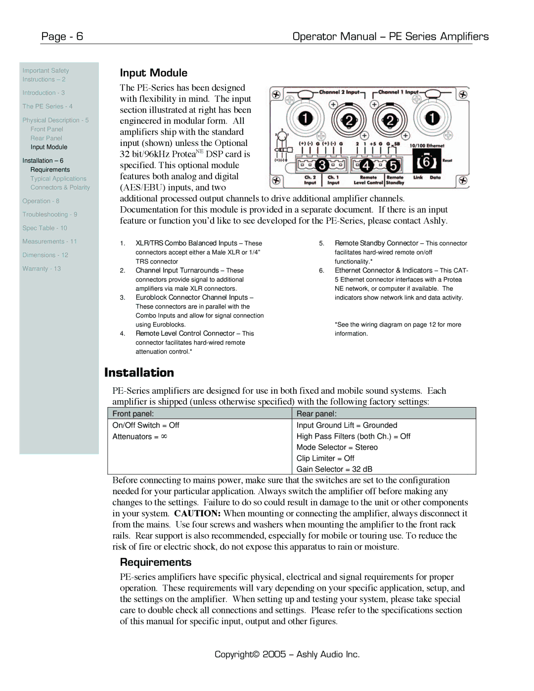 Ashly PE-Series manual Installation, Input Module, Requirements 