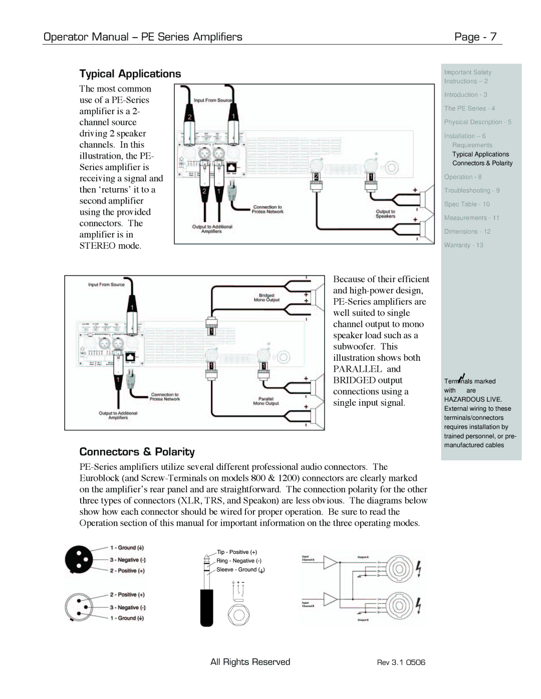 Ashly PE-Series manual Operator Manual PE Series Amplifiers Typical Applications, Connectors & Polarity 