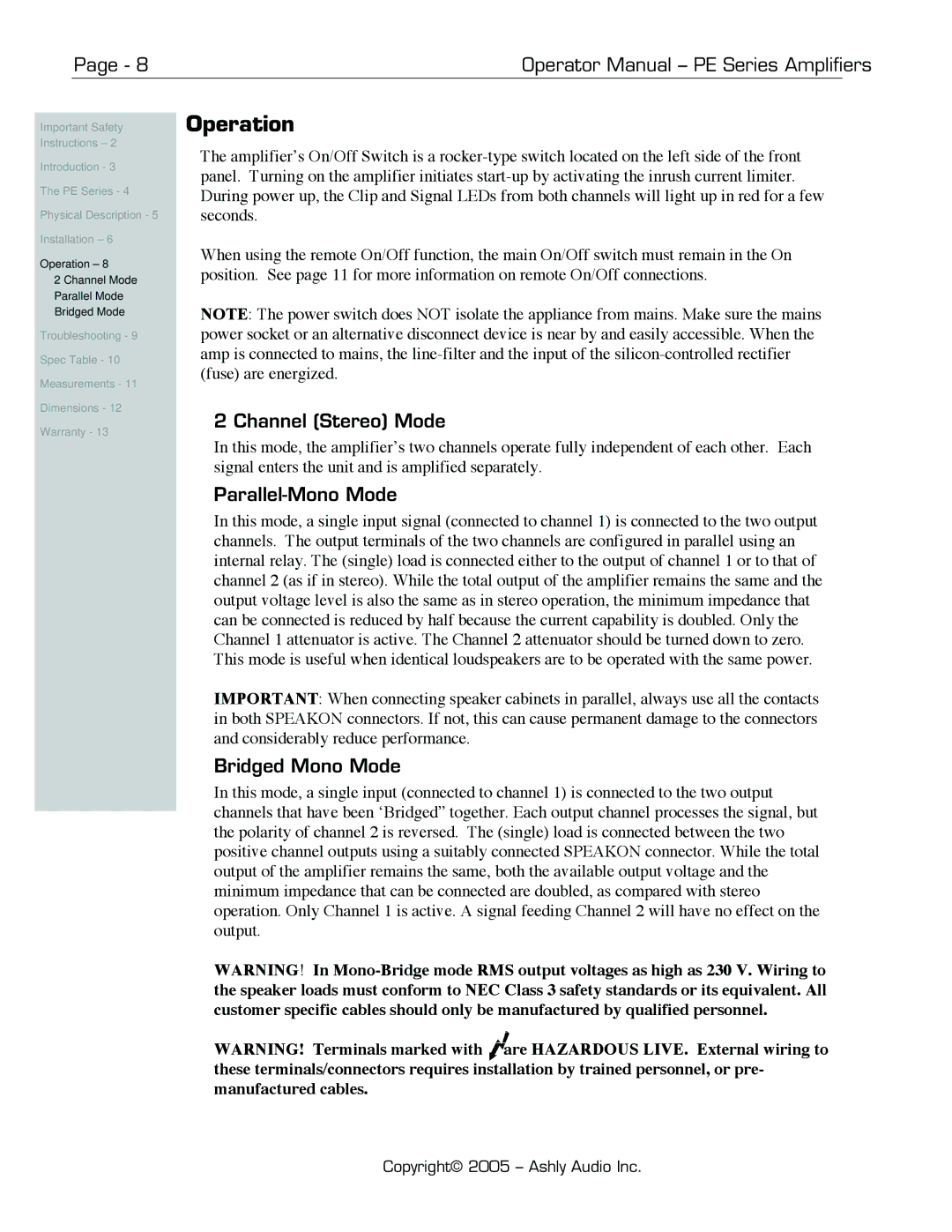 Ashly PE-Series manual Operation, Channel Stereo Mode, Parallel-Mono Mode, Bridged Mono Mode 