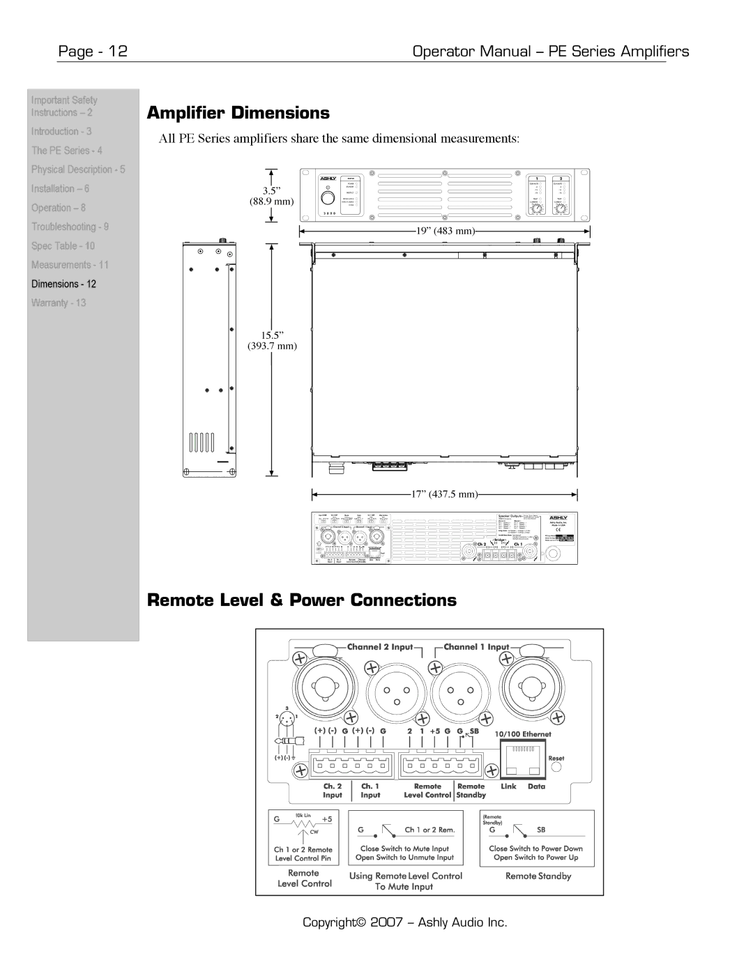 Ashly PE Series manual Amplifier Dimensions, Remote Level & Power Connections 