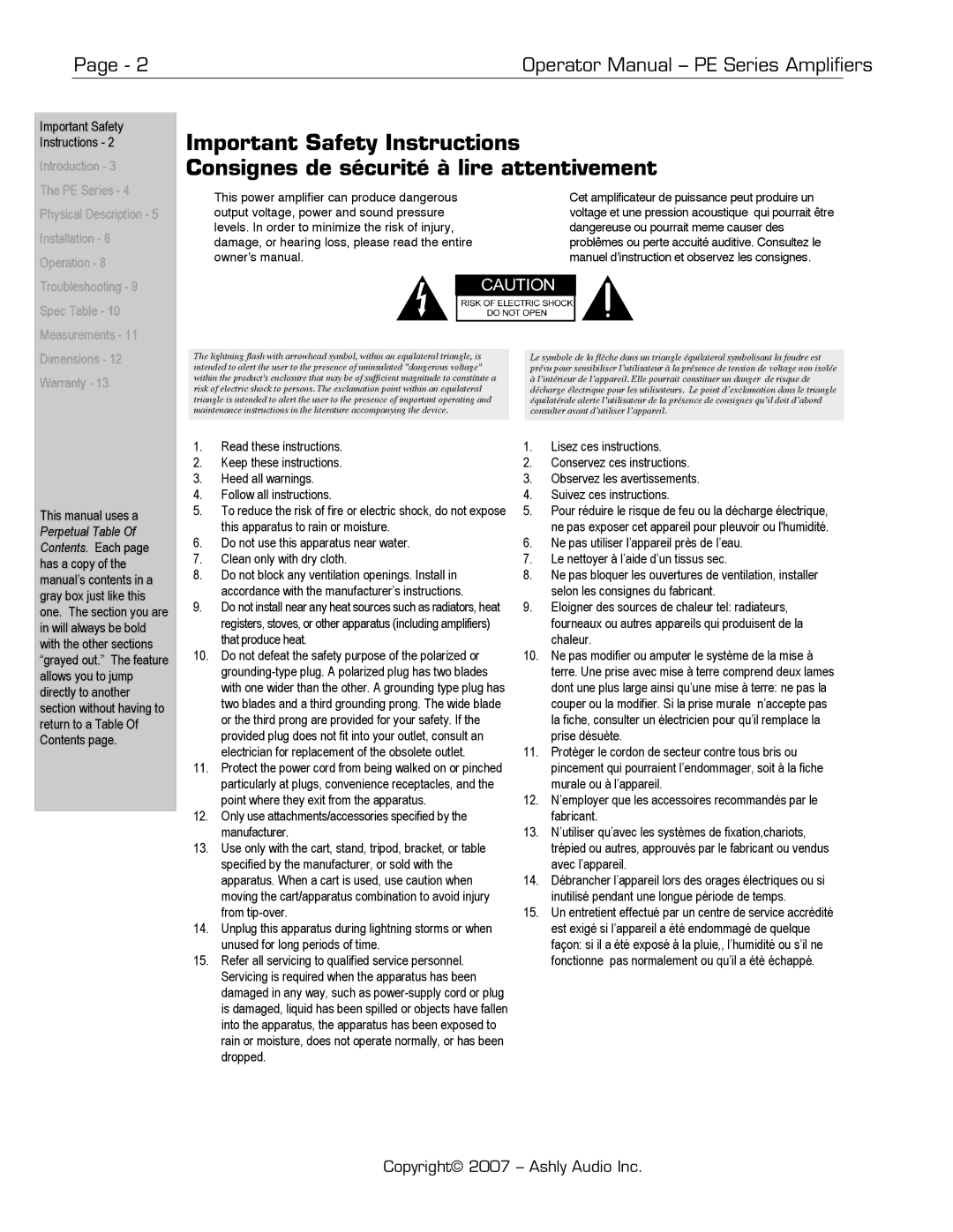 Ashly manual Operator Manual PE Series Amplifiers, Manuel d’instruction et observez les consignes 