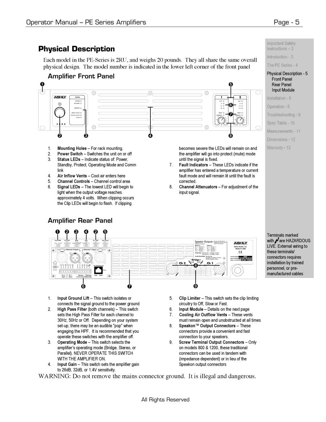 Ashly PE Series manual Physical Description, Amplifier Front Panel, Amplifier Rear Panel 