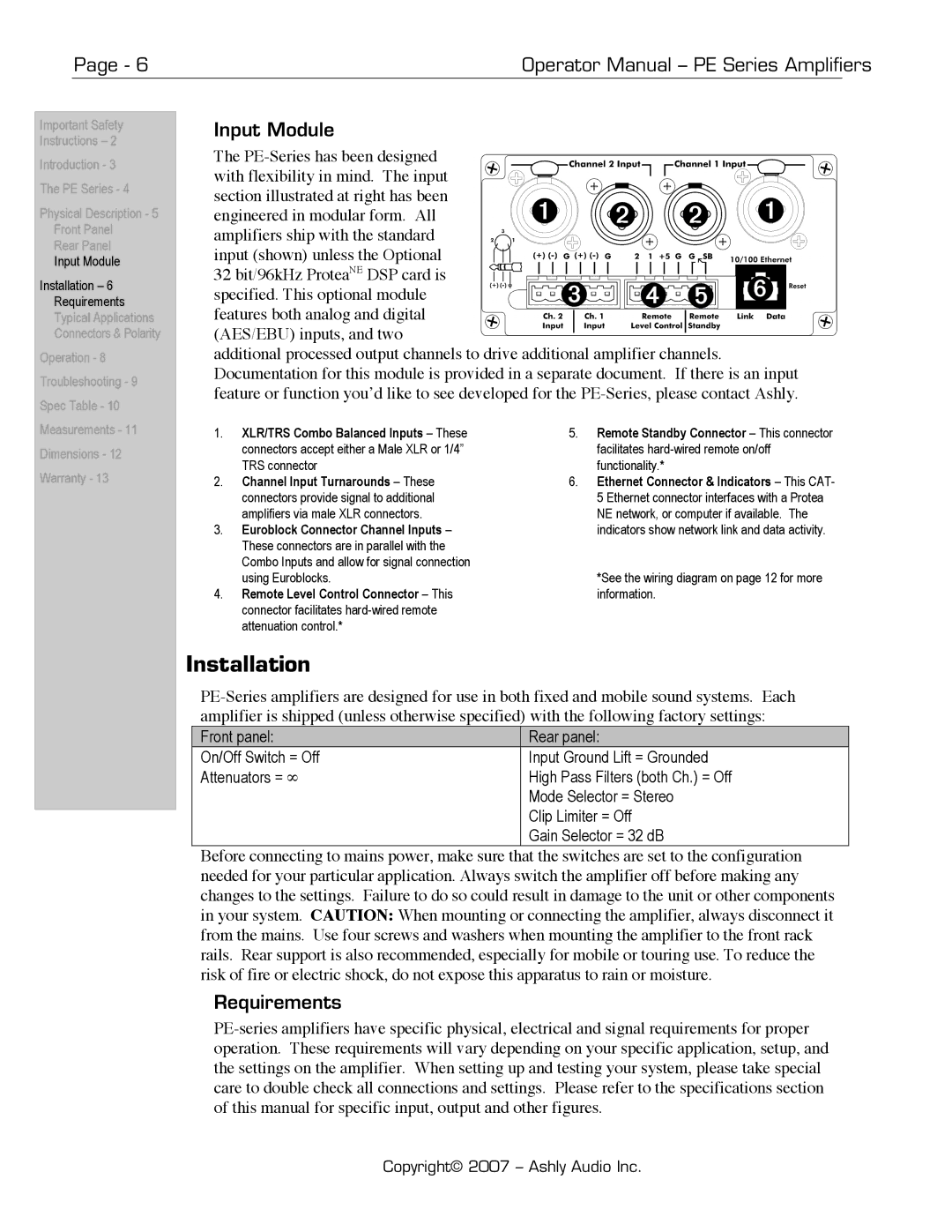 Ashly PE Series manual Installation, Input Module, Requirements 