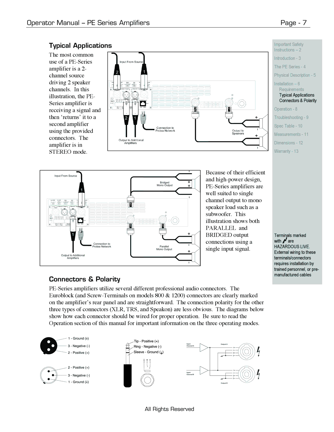 Ashly manual Operator Manual PE Series Amplifiers Typical Applications, Connectors & Polarity 