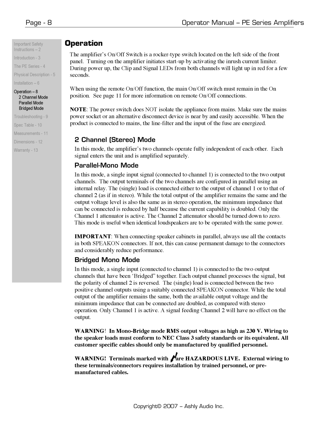 Ashly PE Series manual Operation, Channel Stereo Mode, Parallel-Mono Mode, Bridged Mono Mode 