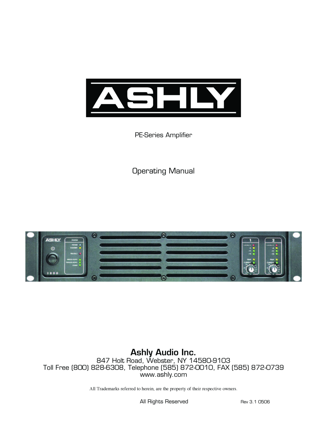Ashly manual Operating Manual, PE-SeriesAmplifier, Holt Road, Webster, NY, Ashly Audio Inc, All Rights Reserved 