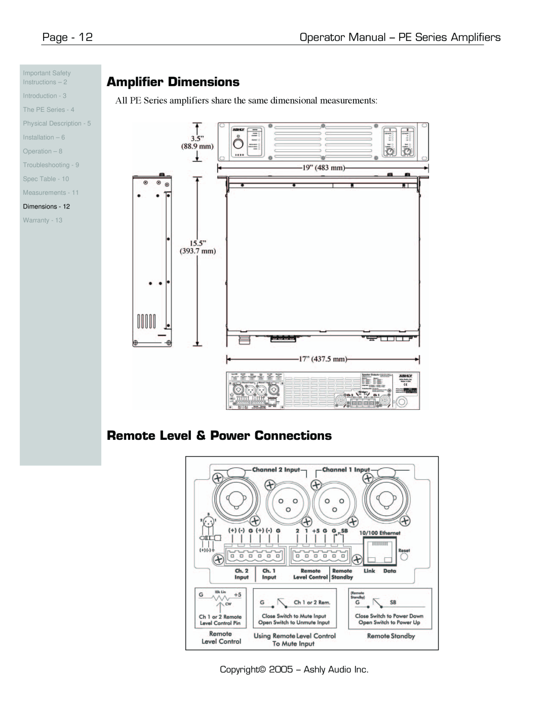Ashly PE-Series manual Amplifier Dimensions, Remote Level & Power Connections, Page, Operator Manual - PE Series Amplifiers 
