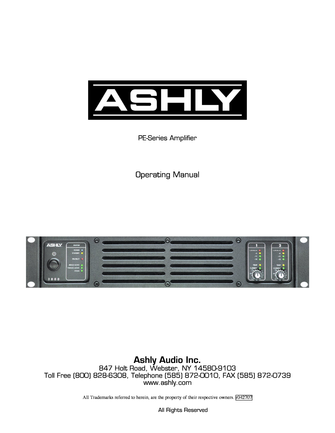 Ashly PE Series manual Operating Manual, PE-SeriesAmplifier, Holt Road, Webster, NY, Ashly Audio Inc, All Rights Reserved 