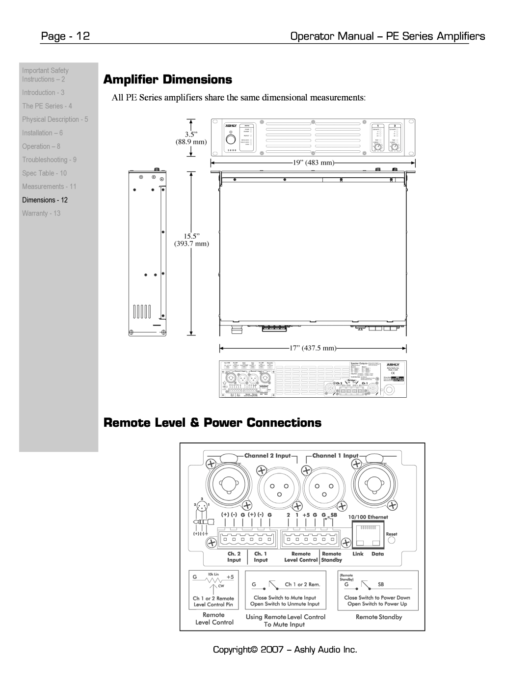 Ashly Amplifier Dimensions, Remote Level & Power Connections, Page, Operator Manual - PE Series Amplifiers, Warranty 