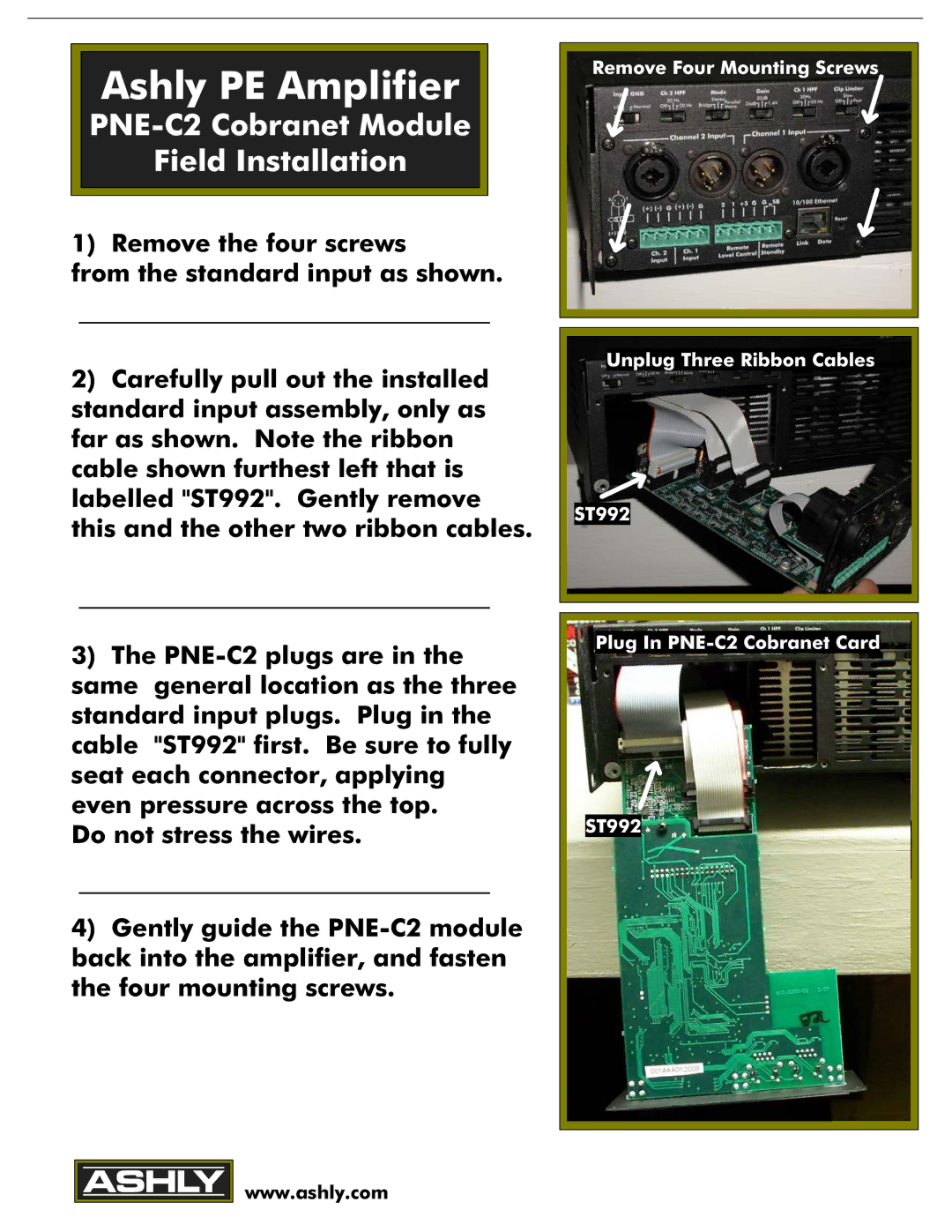 Ashly pne-c2 manual AshlyPEAmplifier, PNE-C2CobranetModule FieldInstalation 