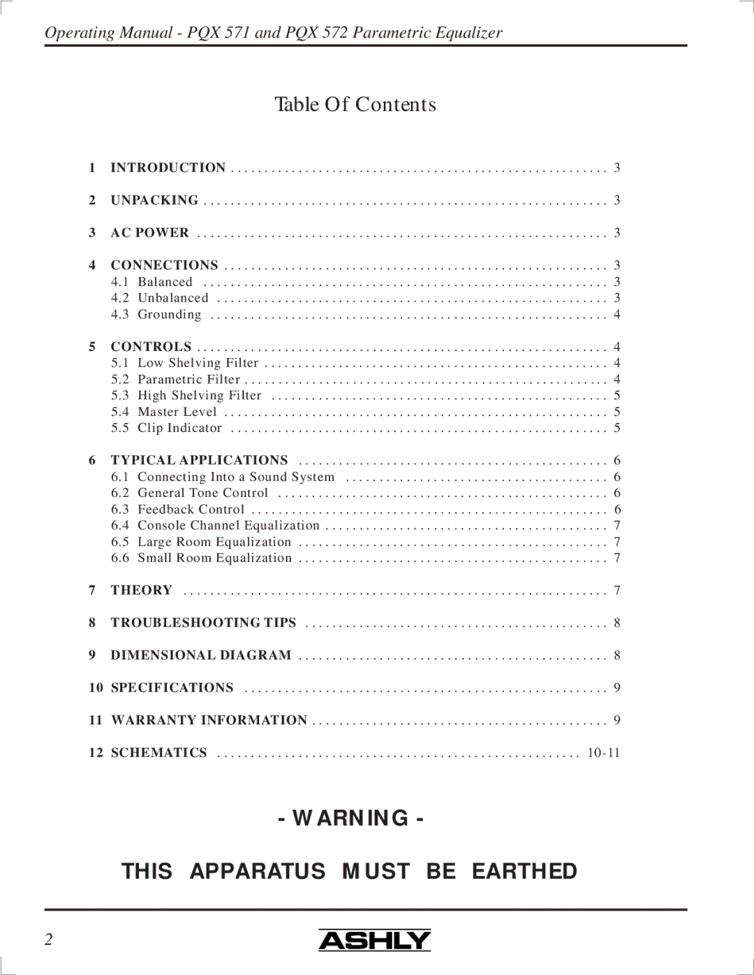 Ashly PQX-572, PQX-571 manual Table Of Contents 