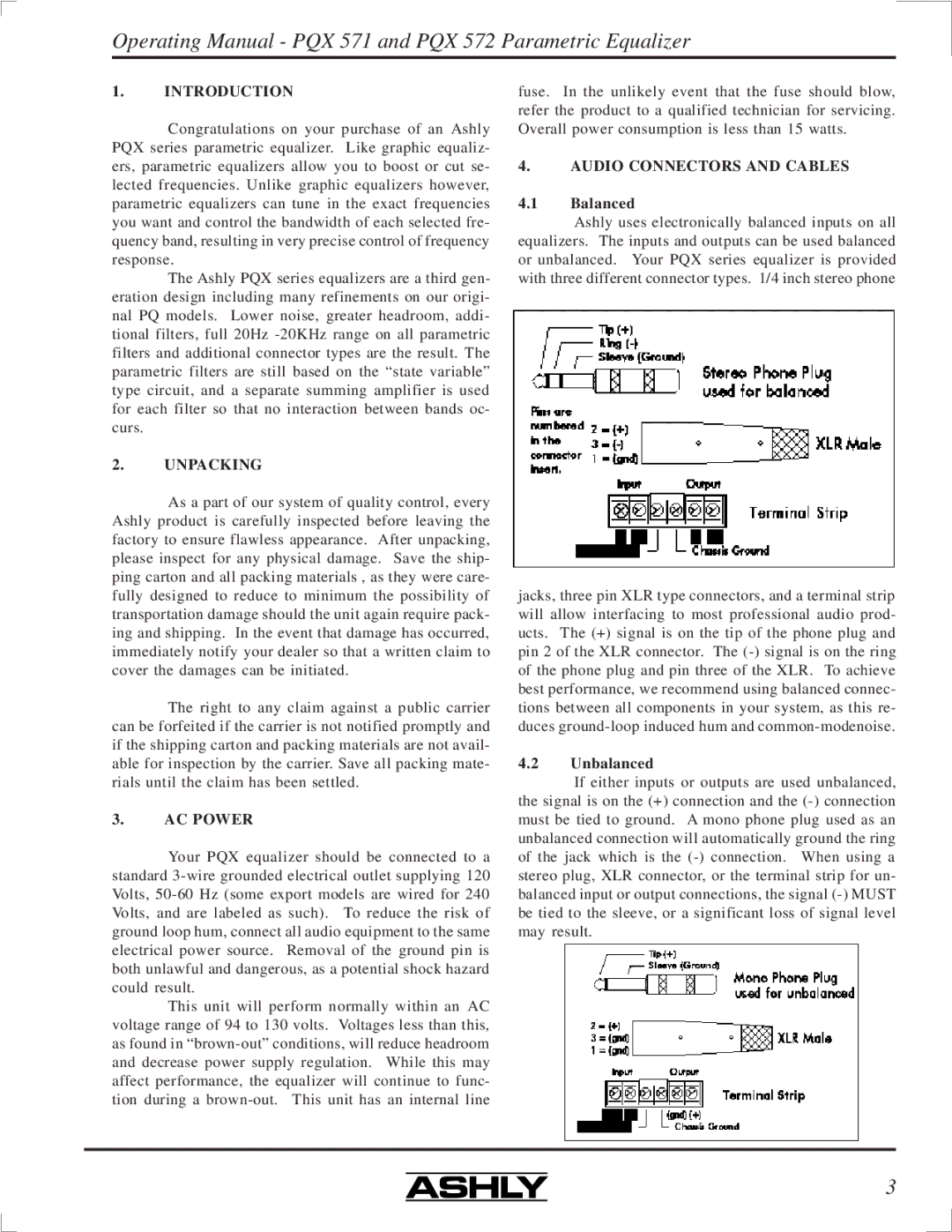 Ashly PQX-571, PQX-572 manual Introduction, Unpacking, AC Power, Audio Connectors and Cables 