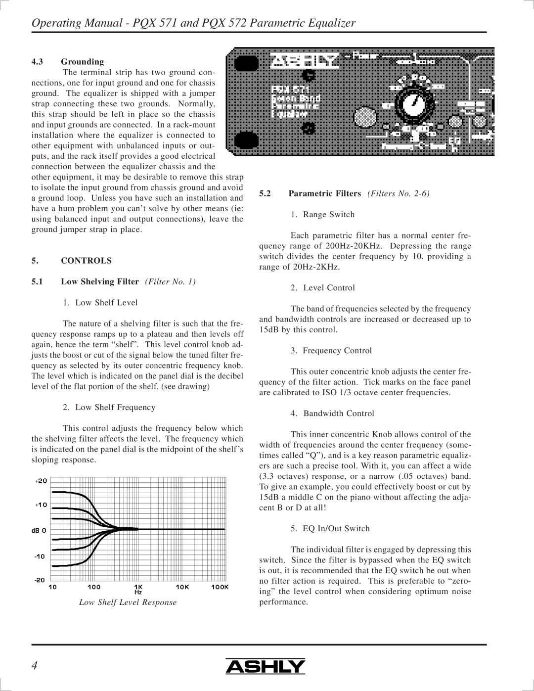 Ashly PQX-572, PQX-571 manual Grounding, Controls, Low Shelving Filter Filter No, Parametric Filters Filters No 