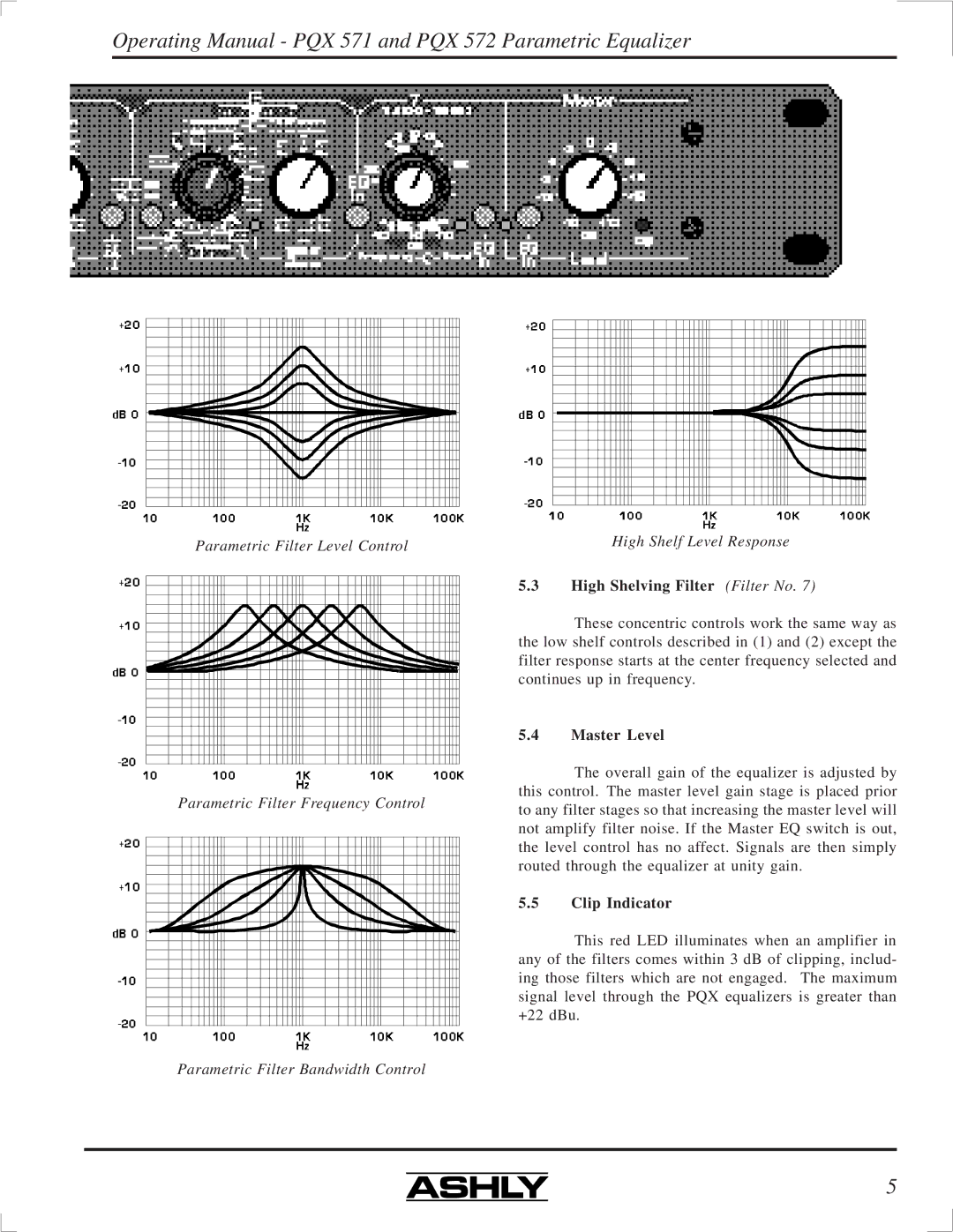 Ashly PQX-571, PQX-572 manual High Shelving Filter Filter No, Master Level, Clip Indicator 