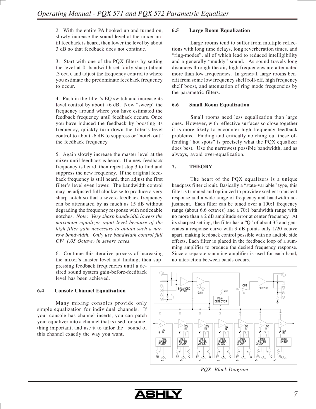 Ashly PQX-571, PQX-572 manual Large Room Equalization, Small Room Equalization, Theory, Console Channel Equalization 