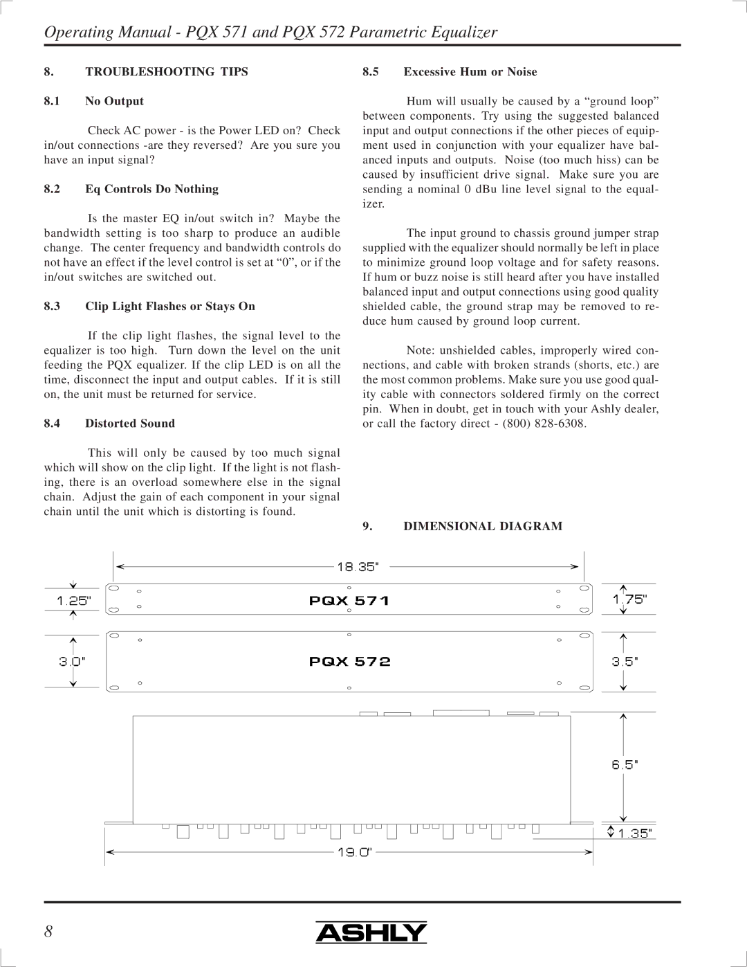 Ashly PQX-572, PQX-571 manual Troubleshooting Tips, Dimensional Diagram 