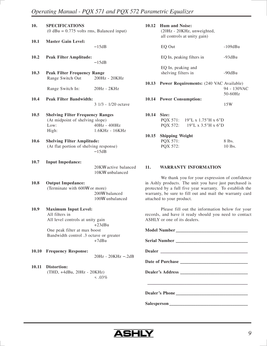 Ashly PQX-571, PQX-572 manual Specifications, Warranty Information 