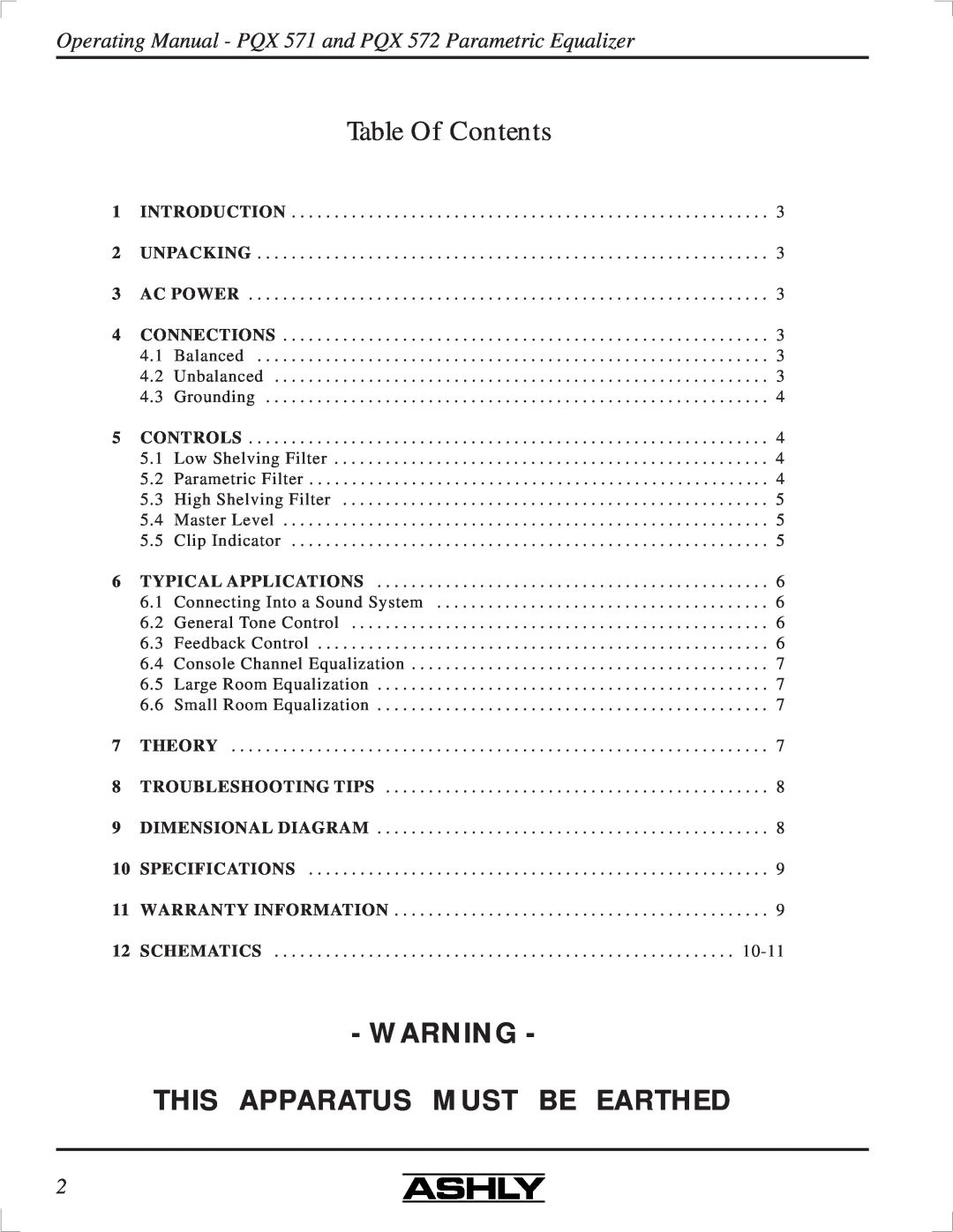 Ashly PQX-572, PQX-571 manual This Apparatus Must Be Earthed, Table Of Contents 