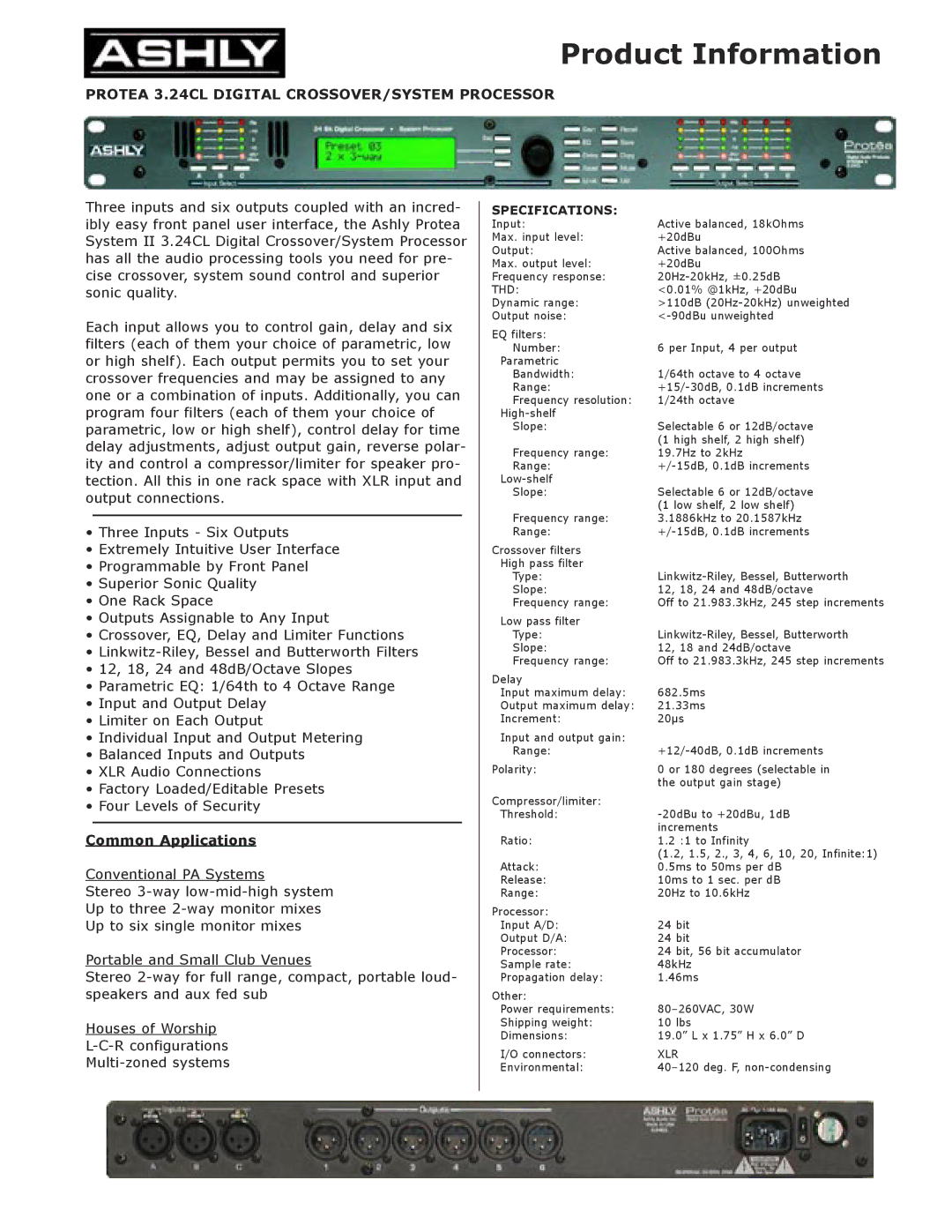 Ashly specifications Product Information, Protea 3.24CL Digital CROSSOVER/SYSTEM Processor, Common Applications 