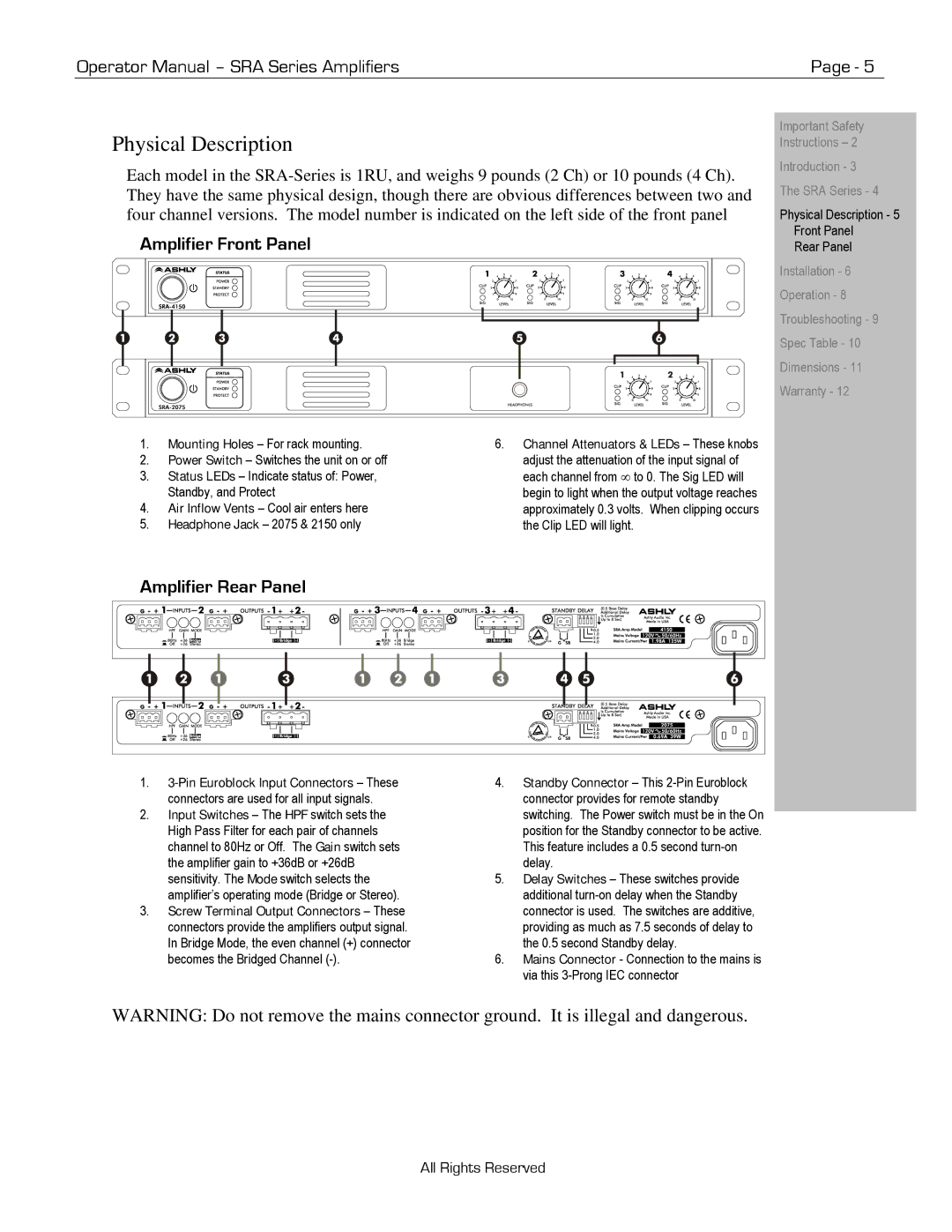 Ashly R-052510 manual Physical Description, Amplifier Front Panel, Amplifier Rear Panel 