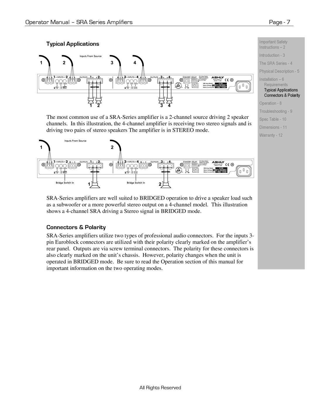 Ashly R-052510 manual Typical Applications, Connectors & Polarity 