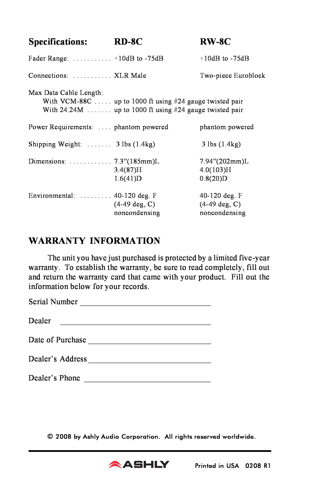 Ashly RD-8C manual Specifications, RW-8C, Warranty Information 
