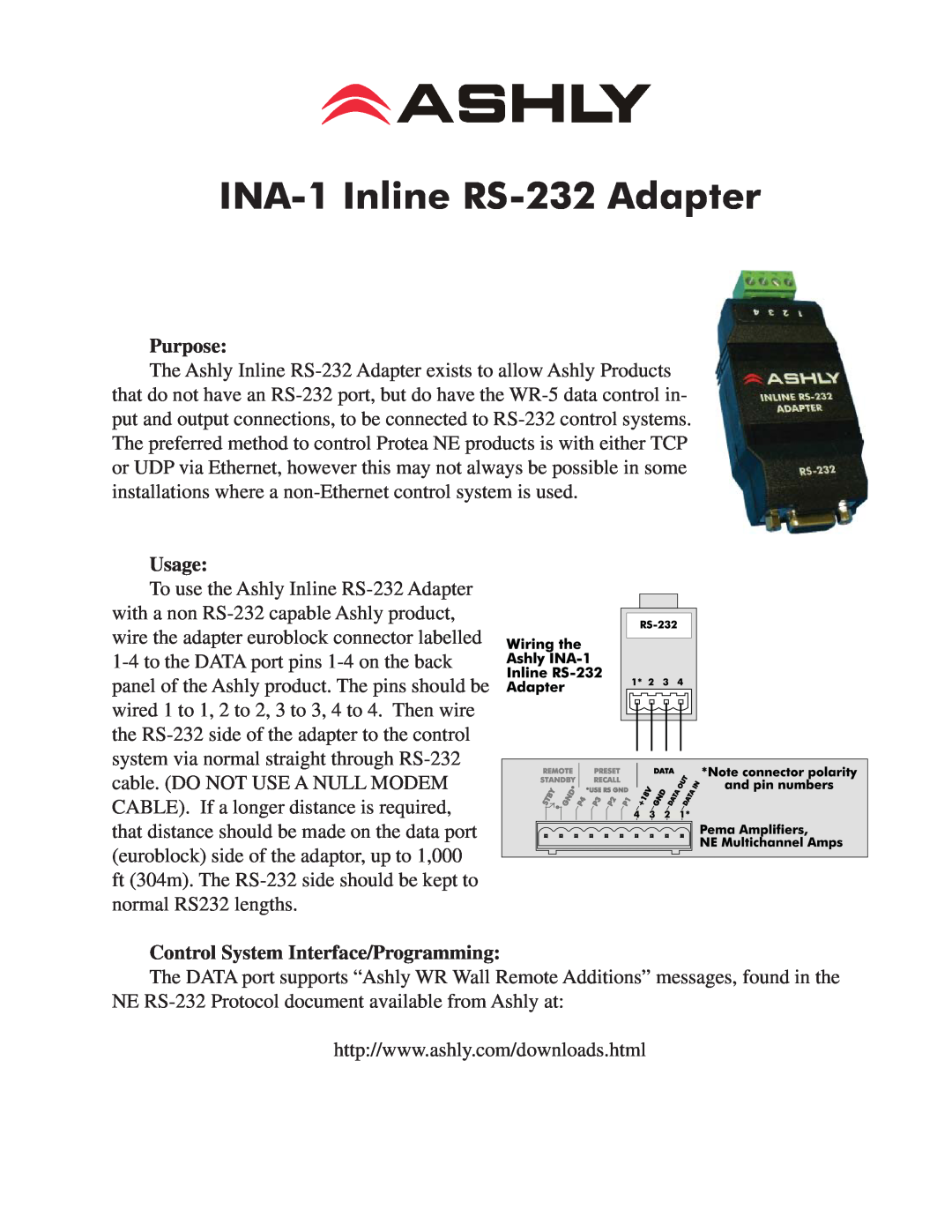 Ashly manual INA-1 Inline RS-232 Adapter, Purpose, Usage, Control System Interface/Programming 