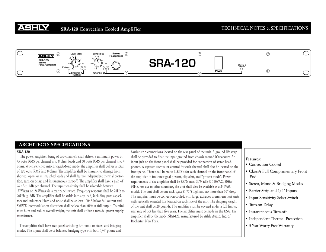 Ashly SRA-120 specifications Architects Specifications 